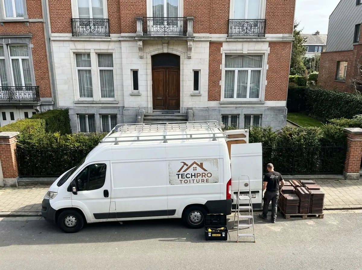 Camionnette TechPro Toiture garée devant une façade en briques et pierre bleue
