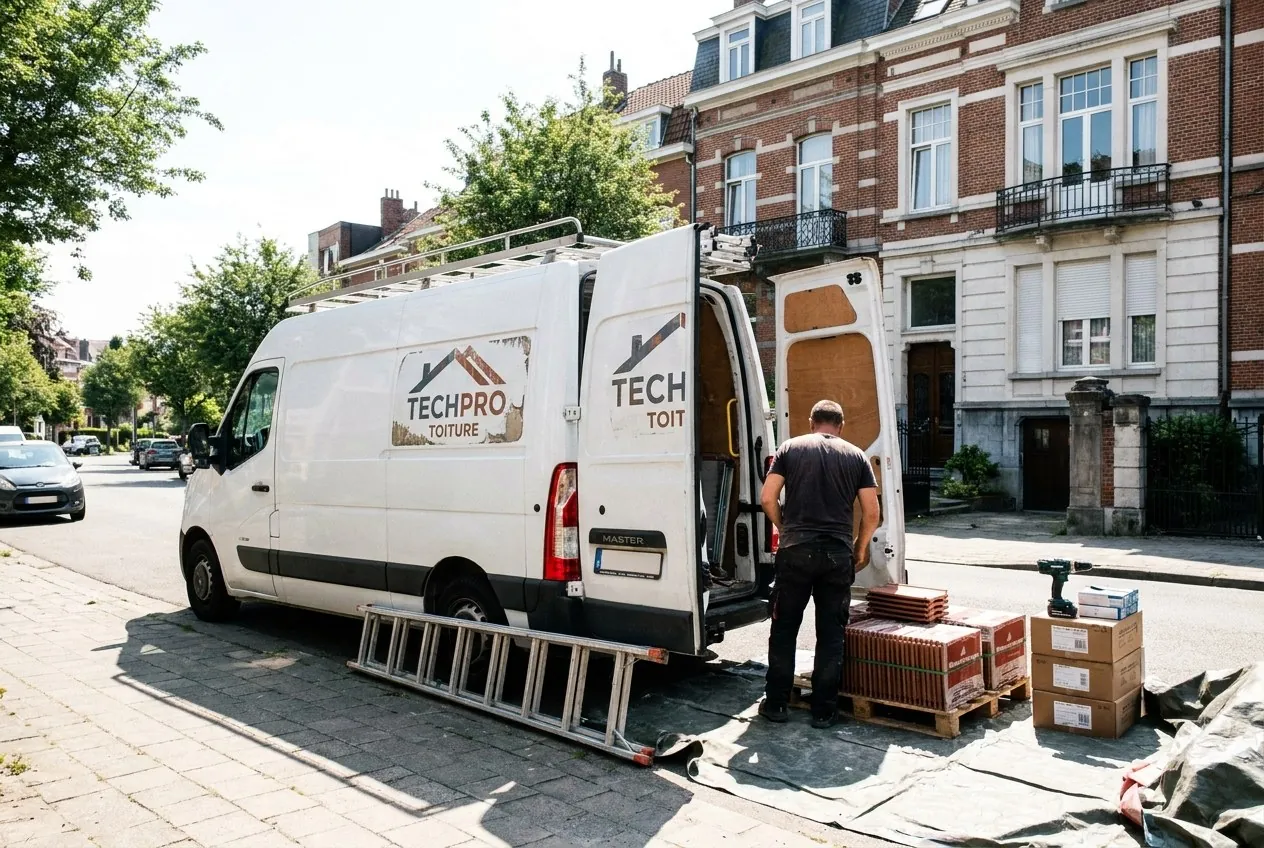 Couvreur TechPro déchargeant des pannes et des cartons de fixations devant une maison de Woluwe