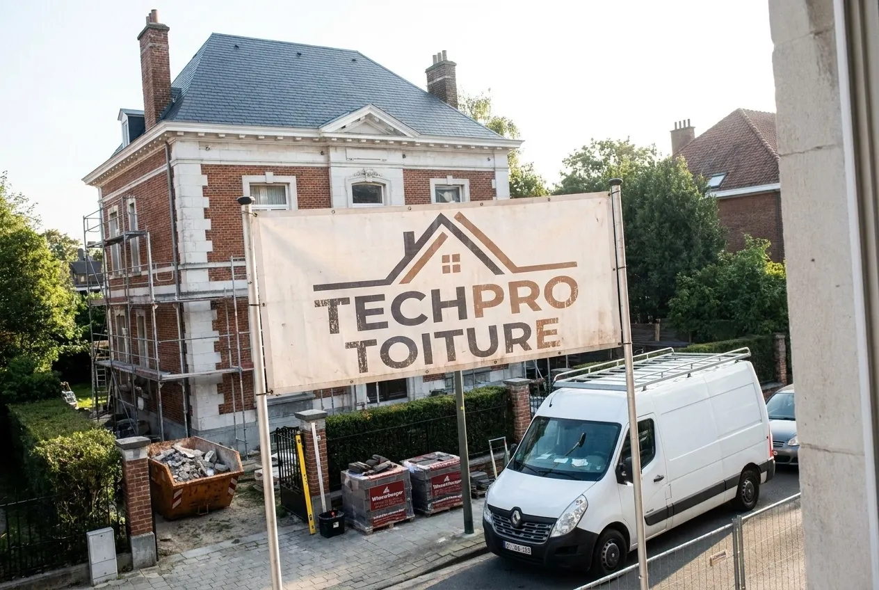 Chantier TechPro Toiture devant une maison de maître à Woluwe-Saint-Pierre, bâche de l'entreprise et camionnette