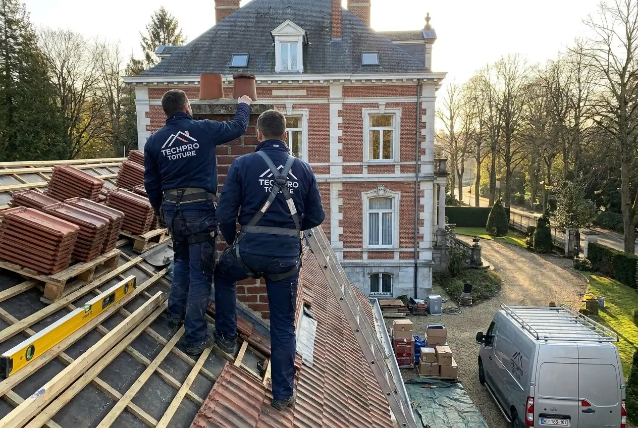 Deux couvreurs TechPro sur un toit en cours de réfection, liteaux neufs et pannes prêtes à poser