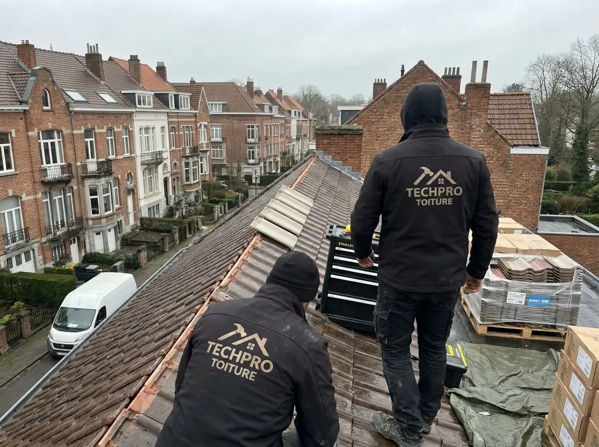 Équipe TechPro Toiture au travail sur une toiture en pannes, palettes de tuiles neuves