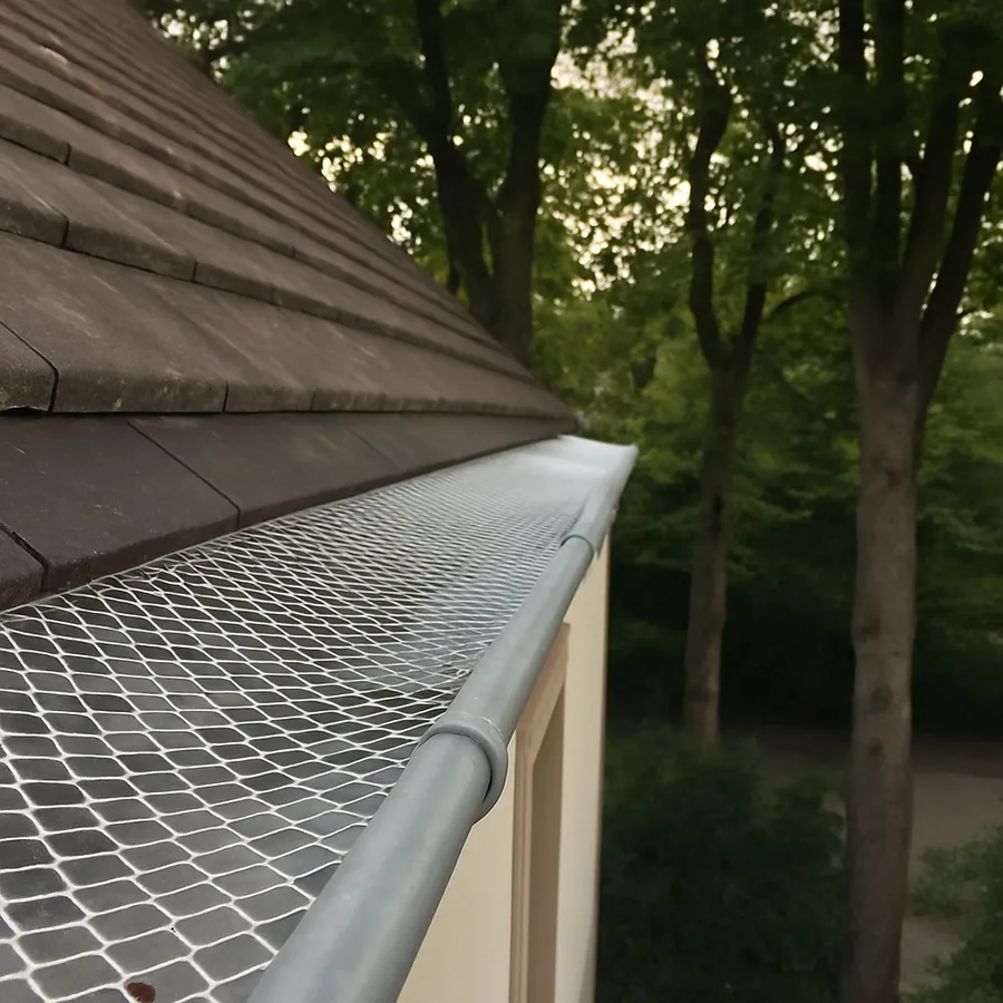 Gouttière neuve équipée d'une grille pare-feuilles sous une toiture